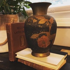 Antique Brass Vase with Floral Design